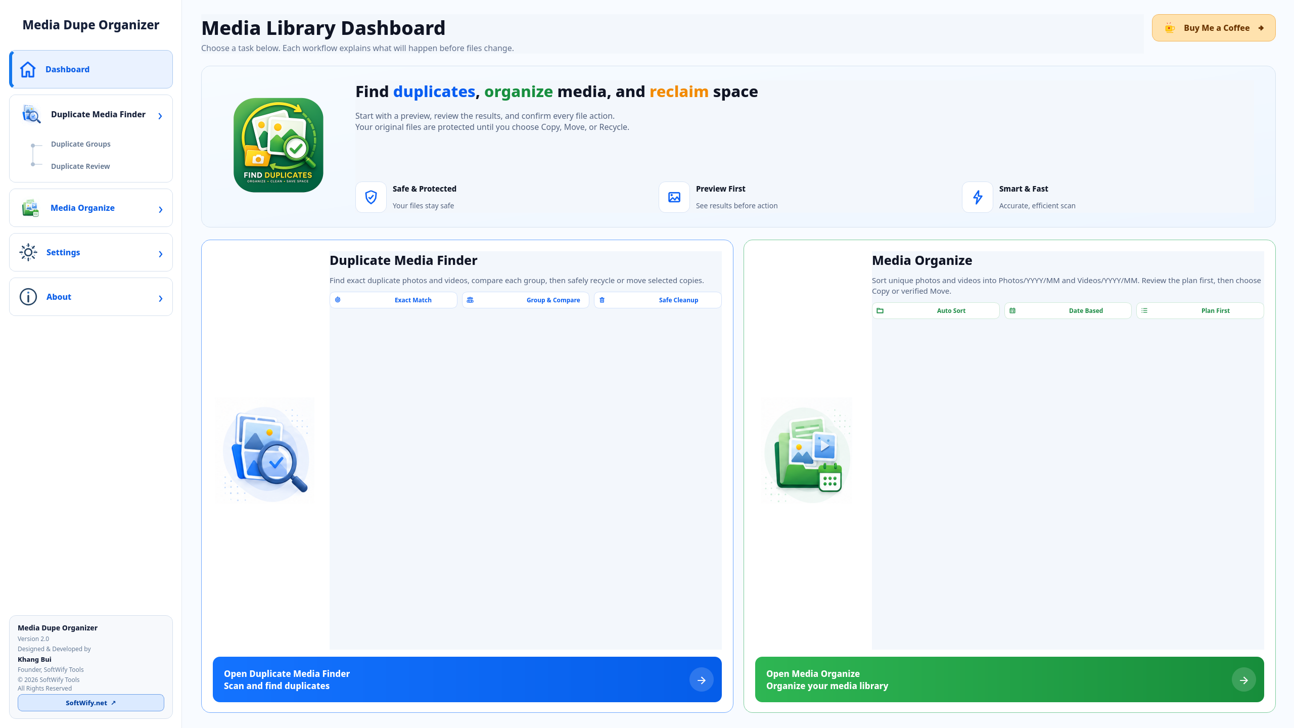 Media Dupe Organizer Version 2.0 dashboard showing scan setup, duplicate scan, media organize, and recent projects.