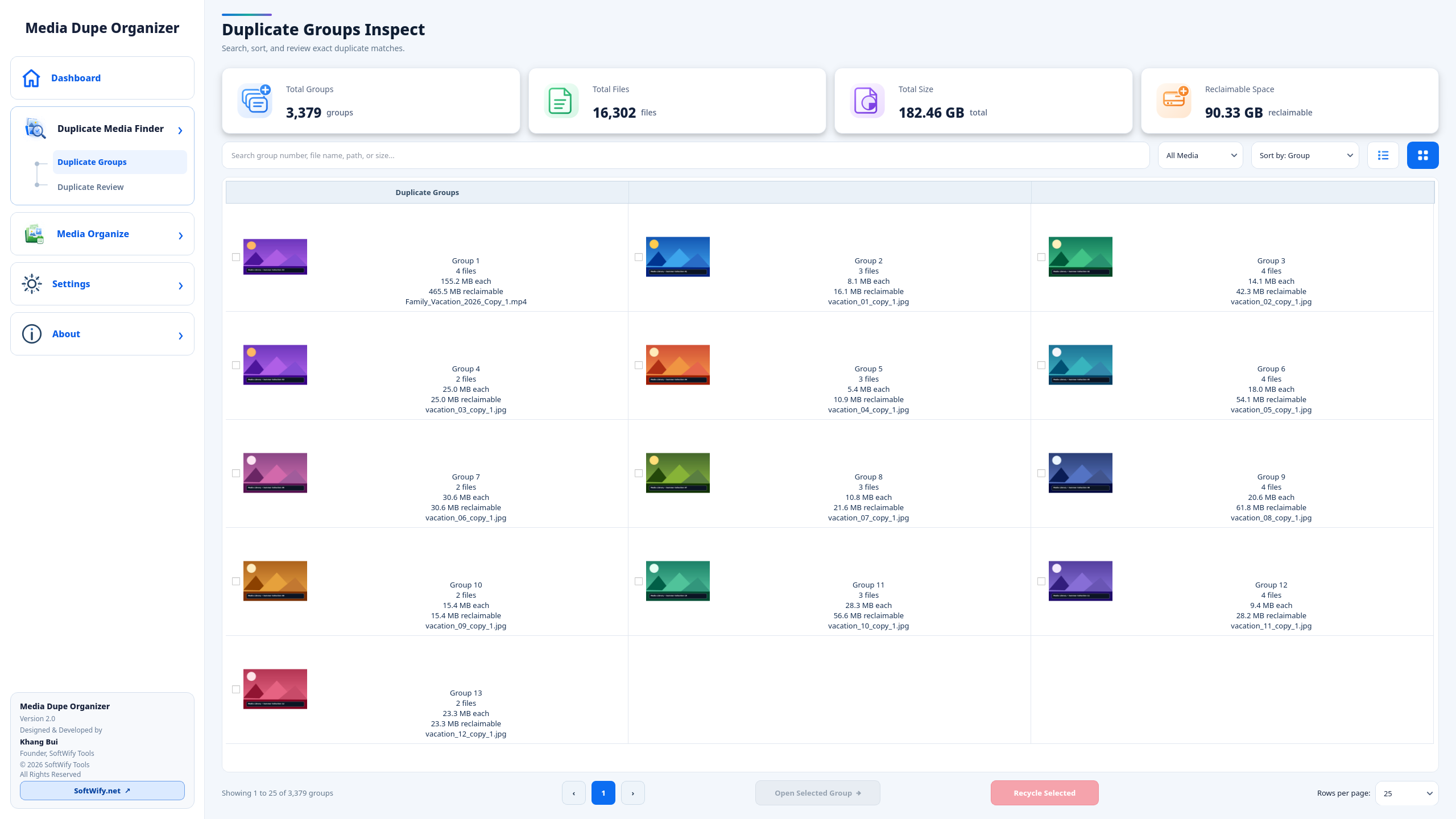 Duplicate Groups grid view showing visual media thumbnails, filters, sorting, and duplicate group cards.