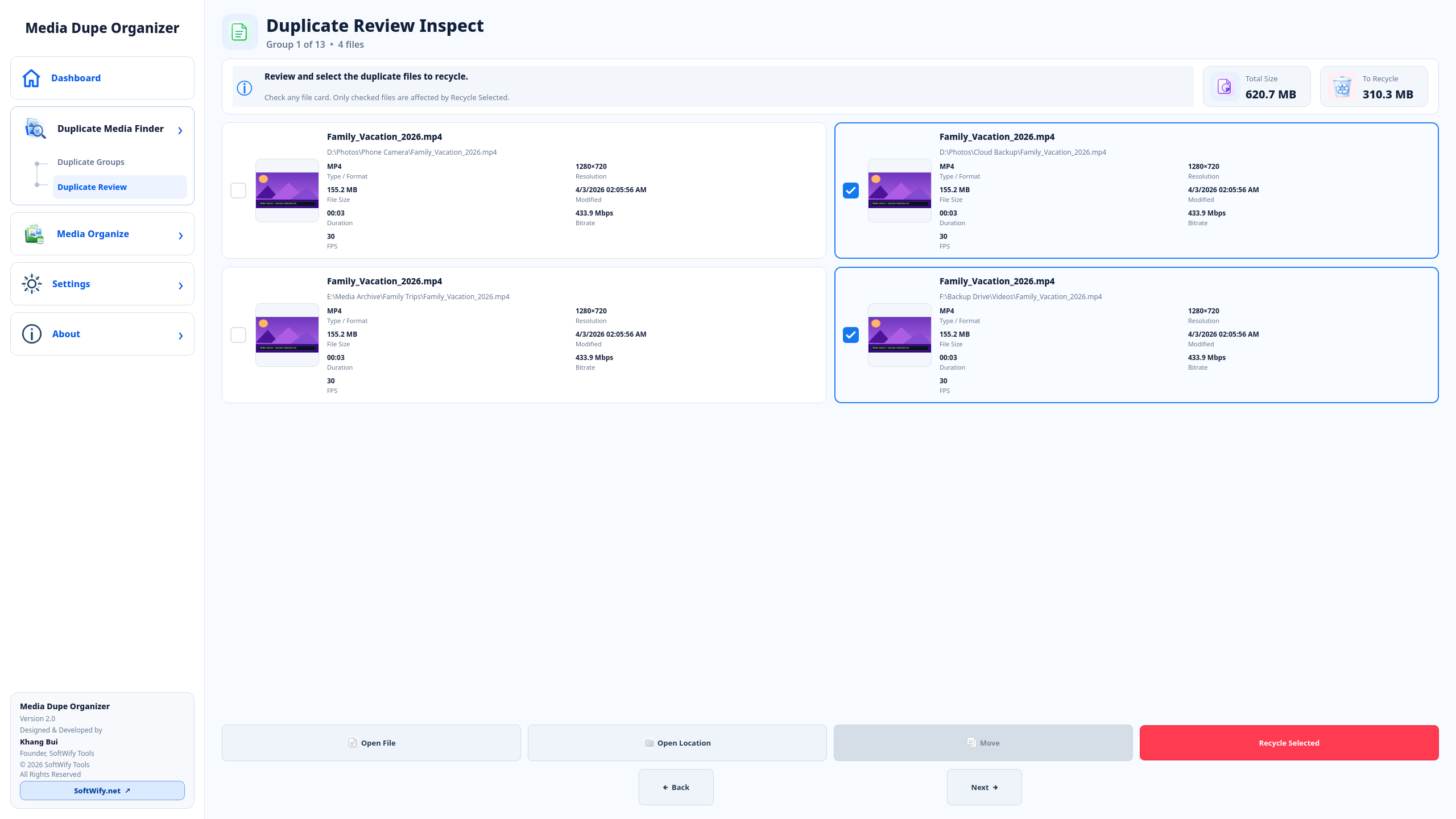 Duplicate Review screen comparing duplicate files side by side with file details and selected actions.