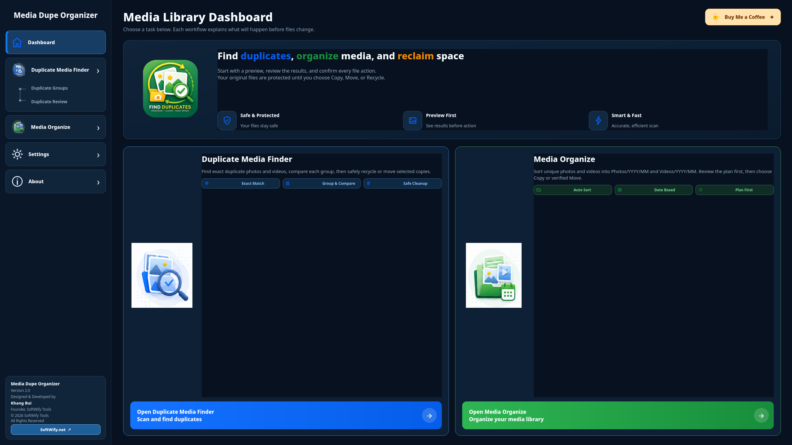 Media Dupe Organizer dashboard in dark mode.
