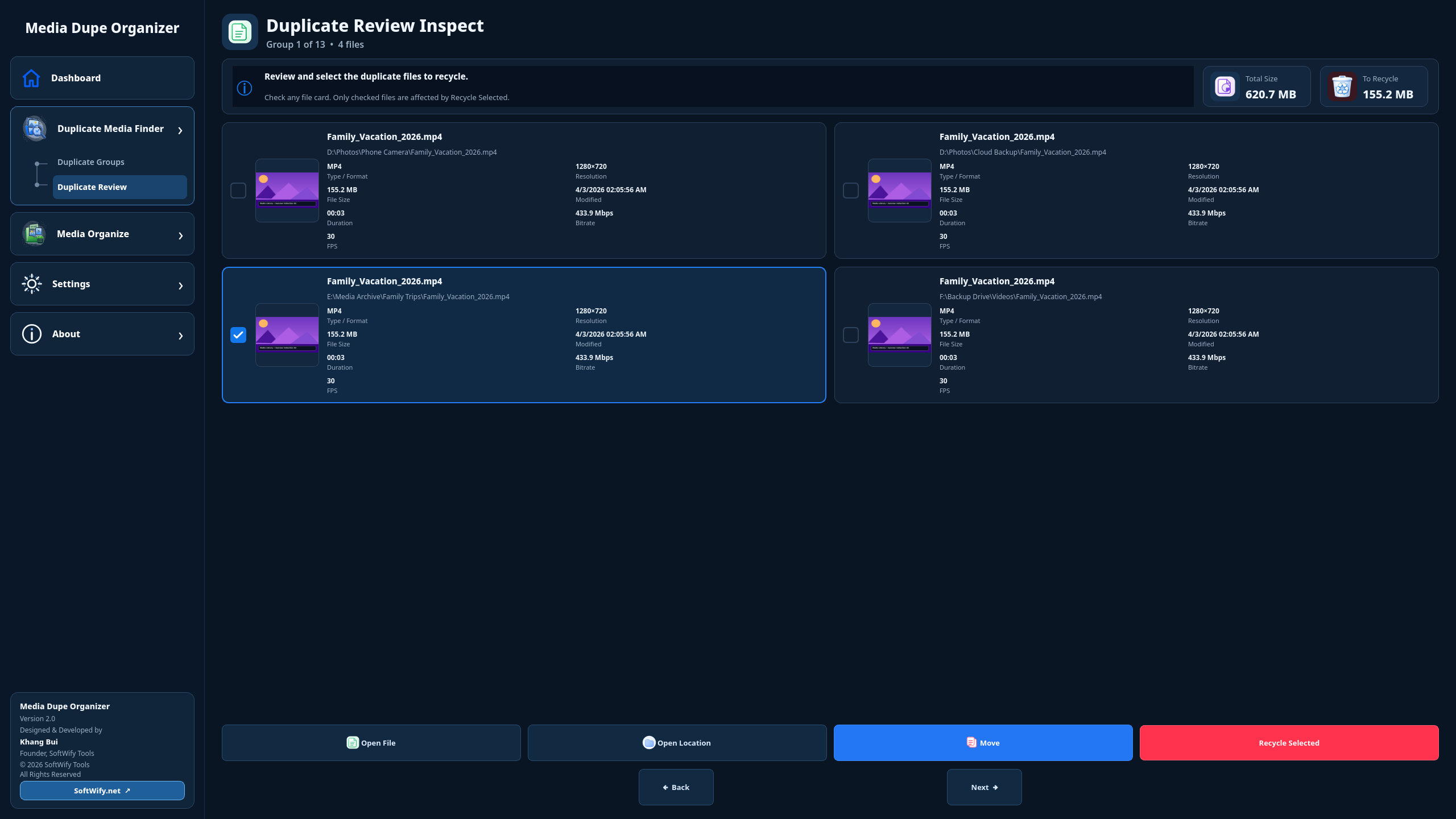 Duplicate Review screen in dark mode with side-by-side duplicate file details.